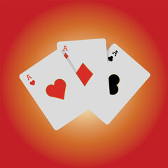 Ace card deck with hearts, diamonds and clubs, poker cards with red background. 