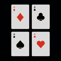 Ace card deck with hearts, diamonds, spades and clubs, poker cards on black background. 