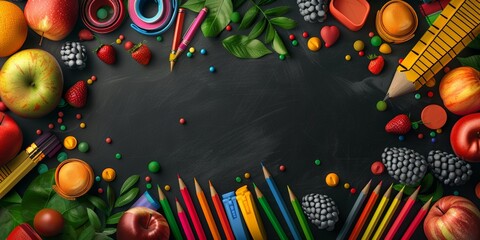 Colorful school supplies and fruits arranged around a blackboard, creating a vibrant and healthy...
