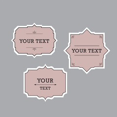 Vintage name tags or stickers design with frames, vector icon set to edit and print, retro style. 