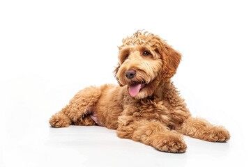A brown dog resting on a white surface