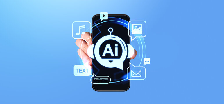 Man hand with phone, AI hologram with creative services icons