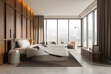 Modern bedroom interior with large windows, wooden accents, light decor. Minimalistic, cozy space. Concept of contemporary and luxury living.  3D Rendering