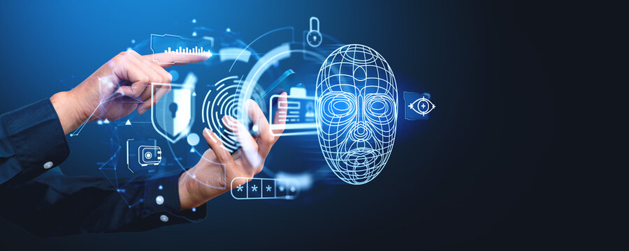 Woman finger touch smartphone, face id hologram with icons