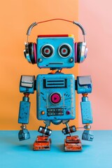 Fototapeta premium Cute robot with headphones on pastel background, ideal for text placement in a music themed poster