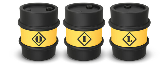 Black and yellow round metal drums. 3D rendering. Vector illustration isolated on white. Barrel of oil. Dangerous chemical liquids, flammable gases, waste. Oil Industry, Petrol Sign