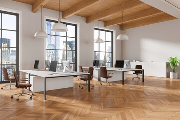 Modern open office, wooden ceiling and floor, large windows with city view. Contemporary workspace concept.  3D Rendering