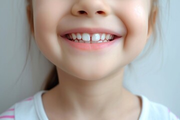Obraz premium Close-up of a bright smiling European girl child showing off healthy white teeth