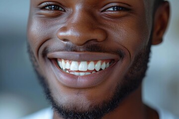 Naklejka premium Close-up of a bright smiling African young man child showing off healthy white teeth