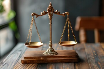 A traditional symbol of fairness and impartiality, a scale of justice sits atop a wooden table