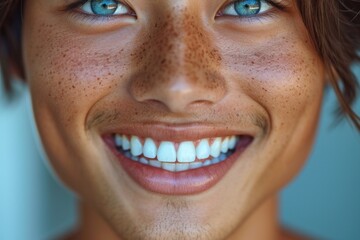 Fototapeta premium Close-up of a bright smiling Asian young man child showing off healthy white teeth