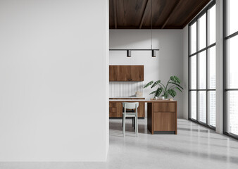 Stylish home kitchen interior with bar island and cabinet, window. Mockup wall