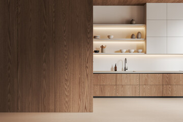 Wooden home kitchen interior with cooking cabinet and empty wall