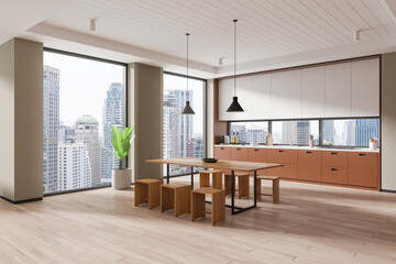 Modern kitchen interior with large windows, contemporary furniture, and cityscape view in the background. Concept of a cozy cooking and dining area. 3D Rendering