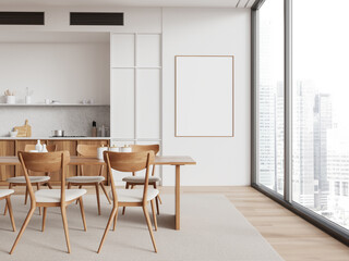 White kitchen interior with eating table and panoramic window. Mockup frame