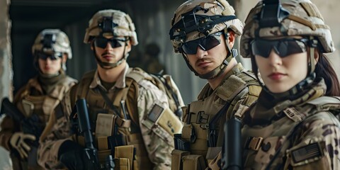 Military personnel including soldiers security SWAT and mercenaries form a cohesive team. Concept Military personnel, soldiers, security, SWAT, mercenaries, cohesive team