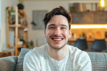 Obraz premium A person sitting on a couch with a happy expression, suitable for use in a personal or commercial setting