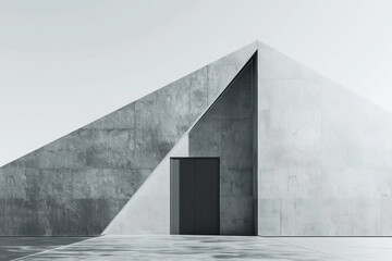 A minimalist door placed within a landscape made of geometric shapes. The design represents the idea of finding order and structure in the environment