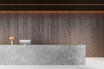 Modern office interior stone reception desk with pc computer, wooden wall