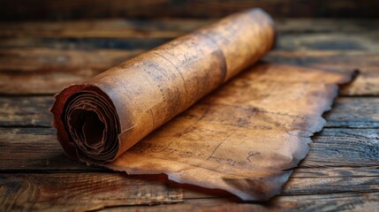 Antique Parchment Scroll Unrolled on a Dark Wooden Table