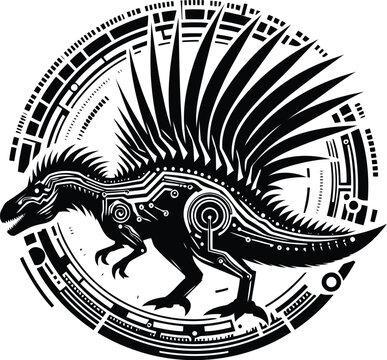 black dinosaur circuit design in circular frame clip art preview