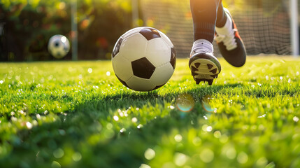 Soccer Kick on Green Field.  A close-up shot of a soccer ball being kicked on a lush green field. The focus is on the ball and the player's foot, capturing the action and movement. T