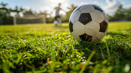 Soccer Kick on Green Field.  A close-up shot of a soccer ball being kicked on a lush green field. The focus is on the ball and the player's foot, capturing the action and movement. T