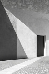 A minimalist door placed within a landscape made of geometric shapes. The design represents the idea of finding order and structure in the environment