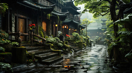 Obraz premium Japanese Houses With Lots Of Green Plants And Trees Landscape Background