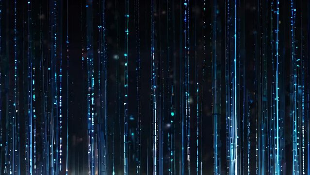 An intricate grid of glowing blue lines and dots forming a digital network. The dark background enhances the luminous, futuristic design