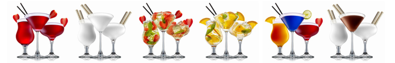 Set of cocktails with decoration from fruits isolated on white background