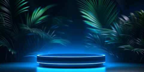 Obraz premium Background image of neon product display stand and tropical leaves 