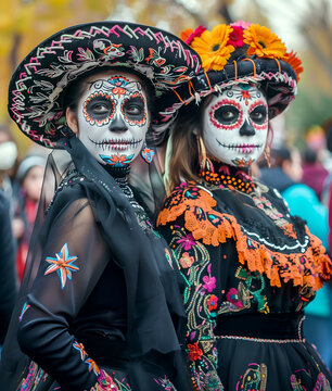 Two young women disguised as catrinas with Mexican costumes. Halloween and Day of the Dead body paint portrait. Drawing of a skeleton on faces