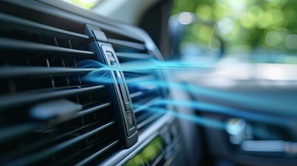 Detailed view of car ac vent with blue air streams and black plastic design in close up