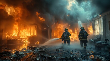 a couple of firefighters extinguishing a fire in an apartment 