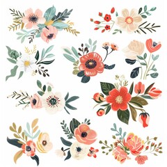 Beautiful clipart illustration featuring a variety of floral wedding elements, perfect for invitations, decorations