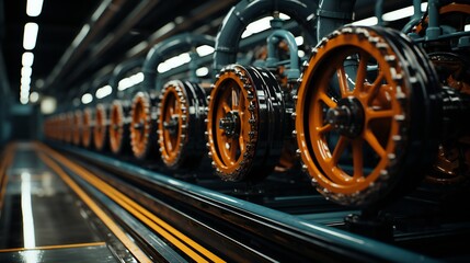 Industrial zone Interior of factory building Steel pipelines and cables