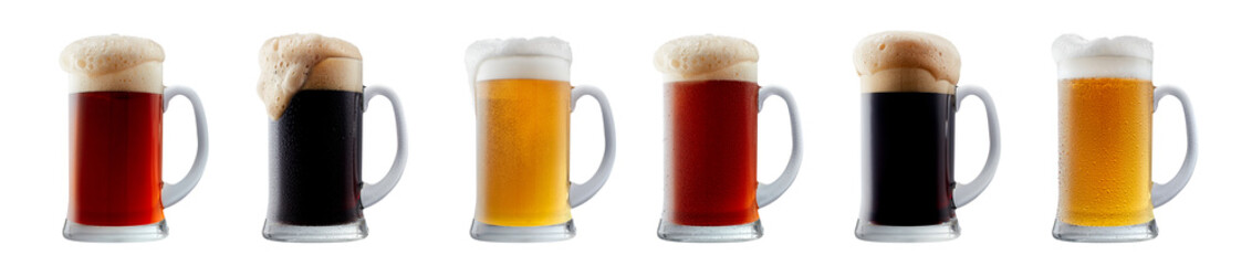 Set of beer cocktails with foam isolated on white background