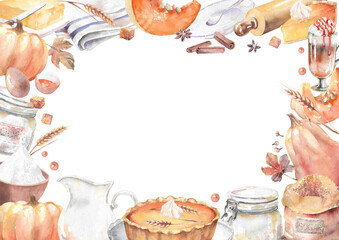 Watercolor pumpkin pie frame. Baking ingredient, pumpkin, sugar, flour. Hand drawn food illustration
