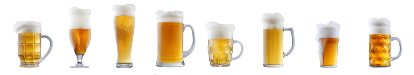 Set of beer cocktails with foam isolated on white background