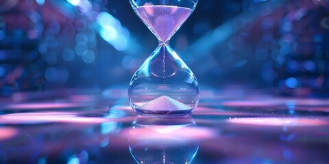 Hourglass with holographic design manipulates time against abstract background. Concept Hourglass design, Holographic time, Abstract background, Time manipulation