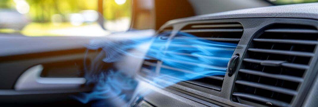 Close up of car ac vent with blue air streams, black plastic design, smooth flow in well lit setting