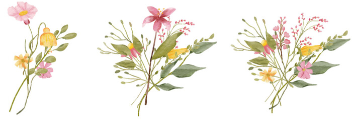 Watercolor bouquet of wildflower flowers and leaves Suitable use for wedding invitation, greetings cards, decoration in your card, etc.