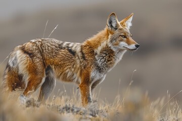 Fototapeta premium A Ethiopian wolf trotting across the highlands, its slender, reddish body and pointed ears keenly alert to its surroundings. 