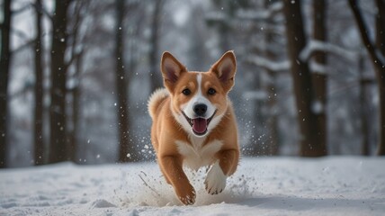 image of a happy puppy jumping in the snow