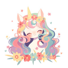 A digital illustration of a cartoon kawaii unicorn with rainbow hair, a flower crown, and flowers surrounding it.