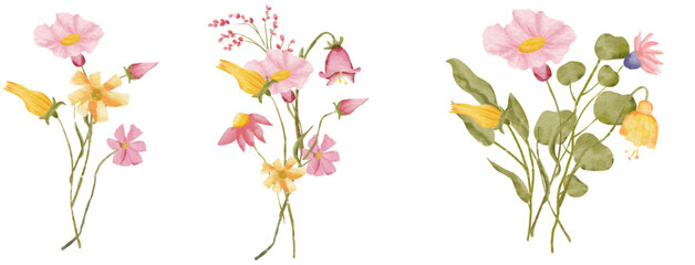 Watercolor bouquet of wildflower flowers and leaves Suitable use for wedding invitation, greetings cards, decoration in your card, etc.