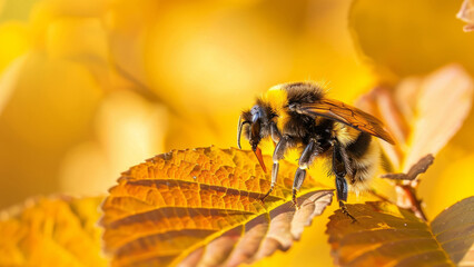 Detailed view of a bee resting on fall foliage, capturing the beauty of autumn.
