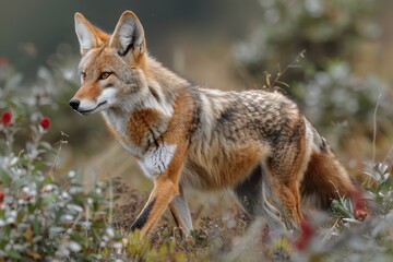 Obraz premium A Ethiopian wolf trotting across the highlands, its slender, reddish body and pointed ears keenly alert to its surroundings. 