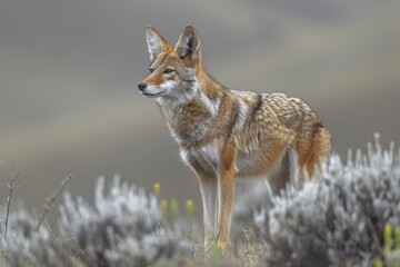 Naklejka premium A Ethiopian wolf trotting across the highlands, its slender, reddish body and pointed ears keenly alert to its surroundings. 